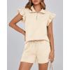 imageBTFBM Womens 2 Piece Outfits Sweatsuit Zipper V Neck Casual Ruffle Short Sleeve Tops and Drawstring Shorts Lounge SetsBeige