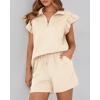 imageBTFBM Womens 2 Piece Outfits Sweatsuit Zipper V Neck Casual Ruffle Short Sleeve Tops and Drawstring Shorts Lounge SetsBeige