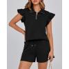 imageBTFBM Womens 2 Piece Outfits Sweatsuit Zipper V Neck Casual Ruffle Short Sleeve Tops and Drawstring Shorts Lounge SetsBlack
