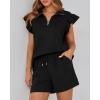 imageBTFBM Womens 2 Piece Outfits Sweatsuit Zipper V Neck Casual Ruffle Short Sleeve Tops and Drawstring Shorts Lounge SetsBlack