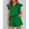 imageBTFBM Womens 2 Piece Outfits Sweatsuit Zipper V Neck Casual Ruffle Short Sleeve Tops and Drawstring Shorts Lounge SetsGreen