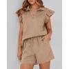 imageBTFBM Womens 2 Piece Outfits Sweatsuit Zipper V Neck Casual Ruffle Short Sleeve Tops and Drawstring Shorts Lounge SetsLight Khaki