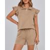 imageBTFBM Womens 2 Piece Outfits Sweatsuit Zipper V Neck Casual Ruffle Short Sleeve Tops and Drawstring Shorts Lounge SetsLight Khaki