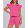 imageBTFBM Womens 2 Piece Outfits Sweatsuit Zipper V Neck Casual Ruffle Short Sleeve Tops and Drawstring Shorts Lounge SetsRose Red