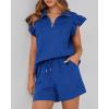 imageBTFBM Womens 2 Piece Outfits Sweatsuit Zipper V Neck Casual Ruffle Short Sleeve Tops and Drawstring Shorts Lounge SetsRoyal Blue