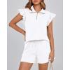 imageBTFBM Womens 2 Piece Outfits Sweatsuit Zipper V Neck Casual Ruffle Short Sleeve Tops and Drawstring Shorts Lounge SetsWhite