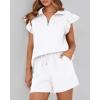 imageBTFBM Womens 2 Piece Outfits Sweatsuit Zipper V Neck Casual Ruffle Short Sleeve Tops and Drawstring Shorts Lounge SetsWhite