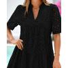 imageBTFBM Womens Boho Summer Dresses 2025 Resort V Neck Short Sleeve Hollow Out Lace Ruffle Casual Beach Mini Vacation DressBlack