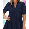 imageBTFBM Womens Boho Summer Dresses 2025 Resort V Neck Short Sleeve Hollow Out Lace Ruffle Casual Beach Mini Vacation DressNavy
