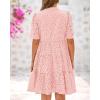 imageBTFBM Womens Boho Summer Dresses 2025 Resort V Neck Short Sleeve Hollow Out Lace Ruffle Casual Beach Mini Vacation DressPink