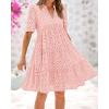 imageBTFBM Womens Boho Summer Dresses 2025 Resort V Neck Short Sleeve Hollow Out Lace Ruffle Casual Beach Mini Vacation DressPink