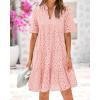imageBTFBM Womens Boho Summer Dresses 2025 Resort V Neck Short Sleeve Hollow Out Lace Ruffle Casual Beach Mini Vacation DressPink