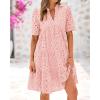 imageBTFBM Womens Boho Summer Dresses 2025 Resort V Neck Short Sleeve Hollow Out Lace Ruffle Casual Beach Mini Vacation DressPink
