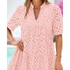 imageBTFBM Womens Boho Summer Dresses 2025 Resort V Neck Short Sleeve Hollow Out Lace Ruffle Casual Beach Mini Vacation DressPink