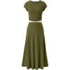 imageBTFBM Women Two Piece Skirt Set Casual Ribbed Knit Crew Neck Short Sleeve Cropped Top Elastic Waist Swing Midi SkirtsSolid Army Green