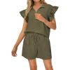 imageBTFBM Womens 2 Piece Outfits Sweatsuit Zipper V Neck Casual Ruffle Short Sleeve Tops and Drawstring Shorts Lounge SetsArmy Green