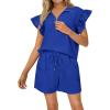 imageBTFBM Womens 2 Piece Outfits Sweatsuit Zipper V Neck Casual Ruffle Short Sleeve Tops and Drawstring Shorts Lounge SetsRoyal Blue