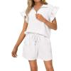 imageBTFBM Womens 2 Piece Outfits Sweatsuit Zipper V Neck Casual Ruffle Short Sleeve Tops and Drawstring Shorts Lounge SetsWhite