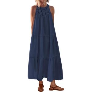 imageBTFBM Summer Halter Dresses for Women 2025 Casual Spring Hollow Out Sleeveless Boho Sundresses Beach Vacation Maxi DressDark Blue