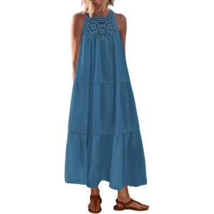 imageBTFBM Summer Halter Dresses for Women 2025 Casual Spring Hollow Out Sleeveless Boho Sundresses Beach Vacation Maxi DressLake Blue