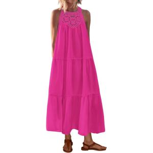 imageBTFBM Summer Halter Dresses for Women 2025 Casual Spring Hollow Out Sleeveless Boho Sundresses Beach Vacation Maxi DressRose Red