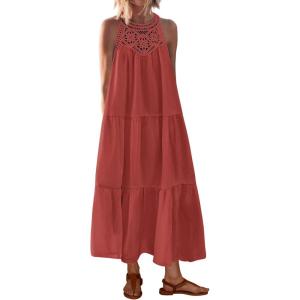 imageBTFBM Summer Halter Dresses for Women 2025 Casual Spring Hollow Out Sleeveless Boho Sundresses Beach Vacation Maxi DressRust Red