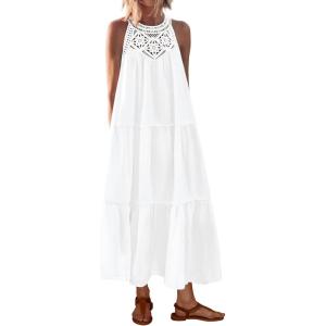 imageBTFBM Summer Halter Dresses for Women 2025 Casual Spring Hollow Out Sleeveless Boho Sundresses Beach Vacation Maxi DressWhite