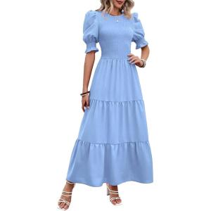 imageBTFBM Women Casual Summer Dresses 2025 Spring Crew Neck Ruffle Short Sleeve Floral Print Smocked Boho Flowy Maxi DressSolid Light Blue