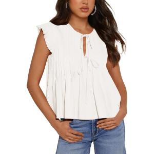 imageBTFBM Women Summer Casual Shirt 2025 Resort Outfits Ruffle Cap Sleeve Front Bow Tie Tops Loose Flowy Beach Blouse ShirtsBeige White