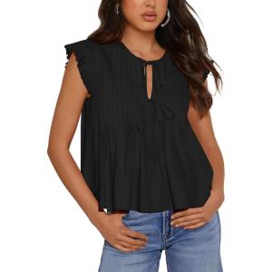 imageBTFBM Women Summer Casual Shirt 2025 Resort Outfits Ruffle Cap Sleeve Front Bow Tie Tops Loose Flowy Beach Blouse ShirtsBlack