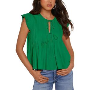 imageBTFBM Women Summer Casual Shirt 2025 Resort Outfits Ruffle Cap Sleeve Front Bow Tie Tops Loose Flowy Beach Blouse ShirtsGreen