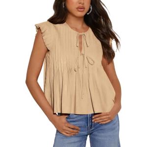 imageBTFBM Women Summer Casual Shirt 2025 Resort Outfits Ruffle Cap Sleeve Front Bow Tie Tops Loose Flowy Beach Blouse ShirtsKhaki