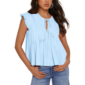 imageBTFBM Women Summer Casual Shirt 2025 Resort Outfits Ruffle Cap Sleeve Front Bow Tie Tops Loose Flowy Beach Blouse ShirtsLight Blue
