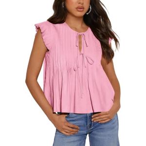 imageBTFBM Women Summer Casual Shirt 2025 Resort Outfits Ruffle Cap Sleeve Front Bow Tie Tops Loose Flowy Beach Blouse ShirtsPink