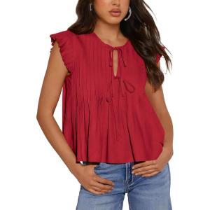 imageBTFBM Women Summer Casual Shirt 2025 Resort Outfits Ruffle Cap Sleeve Front Bow Tie Tops Loose Flowy Beach Blouse ShirtsWine Red