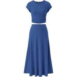 imageBTFBM Women Two Piece Skirt Set Casual Ribbed Knit Crew Neck Short Sleeve Cropped Top Elastic Waist Swing Midi SkirtsSolid Deep Blue