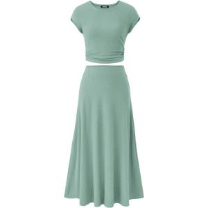 imageBTFBM Women Two Piece Skirt Set Casual Ribbed Knit Crew Neck Short Sleeve Cropped Top Elastic Waist Swing Midi SkirtsSolid Fruit Green