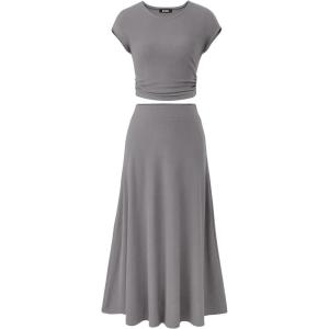 imageBTFBM Women Two Piece Skirt Set Casual Ribbed Knit Crew Neck Short Sleeve Cropped Top Elastic Waist Swing Midi SkirtsSolid Grey