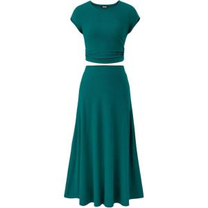 imageBTFBM Women Two Piece Skirt Set Casual Ribbed Knit Crew Neck Short Sleeve Cropped Top Elastic Waist Swing Midi SkirtsSolid Lake Green