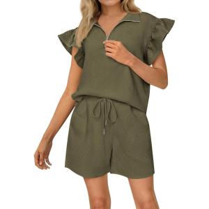 imageBTFBM Womens 2 Piece Outfits Sweatsuit Zipper V Neck Casual Ruffle Short Sleeve Tops and Drawstring Shorts Lounge SetsArmy Green