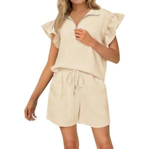 imageBTFBM Womens 2 Piece Outfits Sweatsuit Zipper V Neck Casual Ruffle Short Sleeve Tops and Drawstring Shorts Lounge SetsBeige