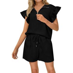 imageBTFBM Womens 2 Piece Outfits Sweatsuit Zipper V Neck Casual Ruffle Short Sleeve Tops and Drawstring Shorts Lounge SetsBlack