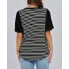 imageBTFBM 2025 Womens Summer Puff Short Sleeve Tops V Neck Casual Button Up Striped Tee Shirts Loose Color Block BlouseBlack