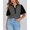 imageBTFBM 2025 Womens Summer Puff Short Sleeve Tops V Neck Casual Button Up Striped Tee Shirts Loose Color Block BlouseBlack