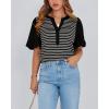 imageBTFBM 2025 Womens Summer Puff Short Sleeve Tops V Neck Casual Button Up Striped Tee Shirts Loose Color Block BlouseBlack