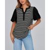 imageBTFBM 2025 Womens Summer Puff Short Sleeve Tops V Neck Casual Button Up Striped Tee Shirts Loose Color Block BlouseBlack