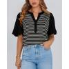 imageBTFBM 2025 Womens Summer Puff Short Sleeve Tops V Neck Casual Button Up Striped Tee Shirts Loose Color Block BlouseBlack