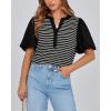 imageBTFBM 2025 Womens Summer Puff Short Sleeve Tops V Neck Casual Button Up Striped Tee Shirts Loose Color Block BlouseBlack