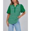 imageBTFBM 2025 Womens Summer Puff Short Sleeve Tops V Neck Casual Button Up Striped Tee Shirts Loose Color Block BlouseGreen