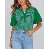 imageBTFBM 2025 Womens Summer Puff Short Sleeve Tops V Neck Casual Button Up Striped Tee Shirts Loose Color Block BlouseGreen